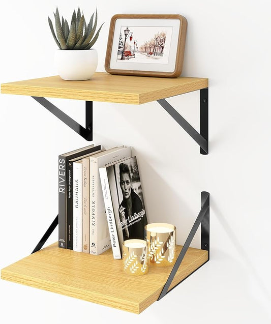 Deep Floating Shelves Wall Mounted, 12"x12" Oak Wall Shelves with Brackets Set of 2 for Bedroom, Living Room, Bathroom, Kitchen, Office - Storage & Display Shelf for Decor, Books, Plants