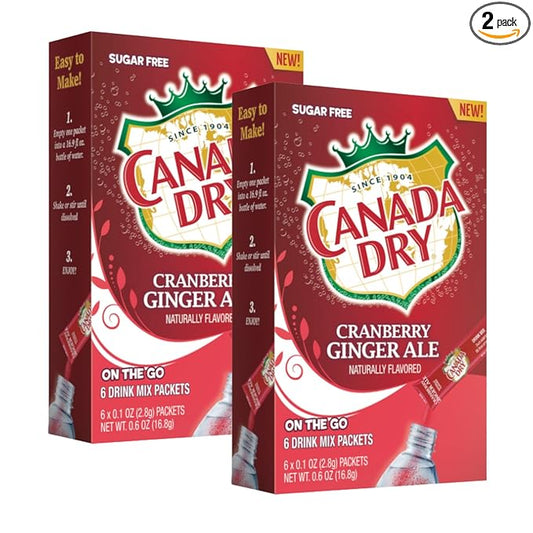 LLE Canada Dry Powder Drink Mix Cranberry Ginger Ale Flavor, Sugar Free & Delicious Water Enhancer Easy to Prepare Powdered Beverages for Picnic Camping Outdoor Drinks 6ct Box, 2 Boxes-12 Sticks Total