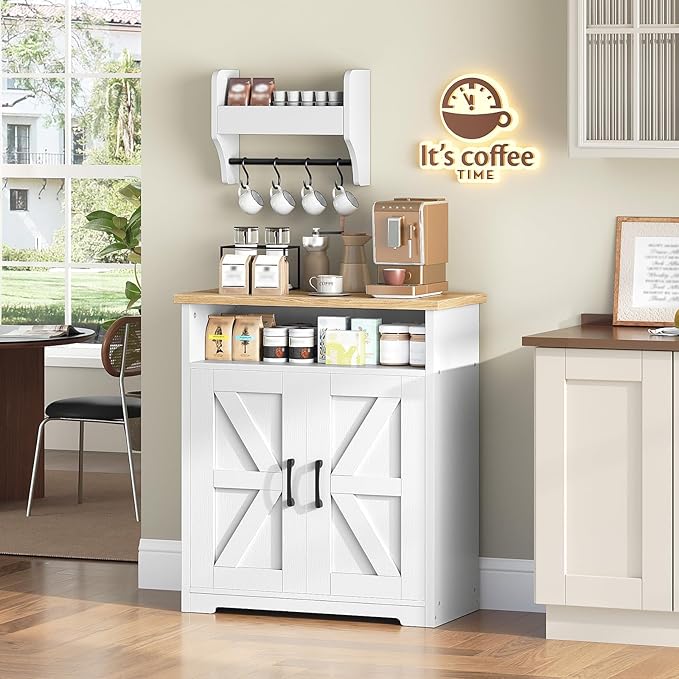 Coffee Bar Cabinet, Kitchen Island with Storage, Farmhouse Sideboard Buffet Cabinet with Dual-Purpose Floating Shelf and Hooks, for Kitchen Living Room, White and Natural KF22WN