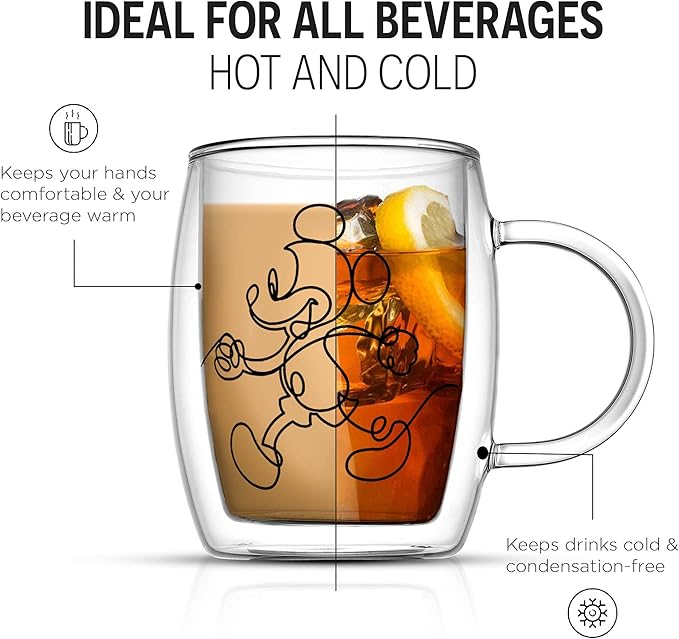 JoyJolt Aroma Disney Mickey and Pluto 13.5oz Glass Coffee Cups Set - 2 Insulated Double Wall Mugs, Large Espresso Cups - Unique Disney Cups