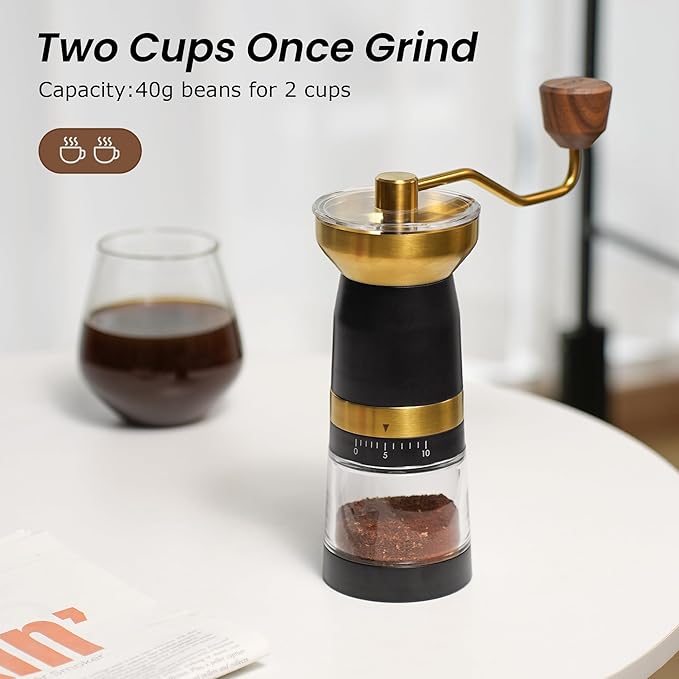 VEVOK CHEF Manual Coffee Grinder 10 External Adjustment Fashion Bean Grinder Stainless Steel Double Bearing Conical Burr Portable Hand Coffee Mill for Home,Camping,Gold