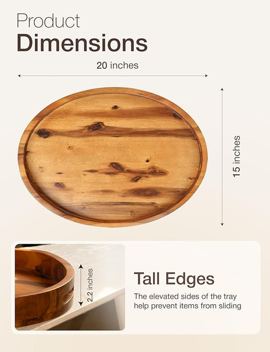 Acacia Wood Ottoman Tray with Handles - 20" x 15" Round - Large Oval Serving Trays for Living Room -Wooden Trays for Decorative for Kitchen Counter, Coffee Table, Breakfast in Bed (Acacia)