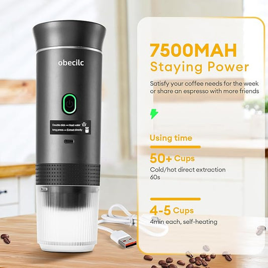 3 In 1 Portable Coffee Maker for Travel, 20 Bar Portable Espresso Machine with USB,Travel Coffee Maker Self-Heating, Compatible with Ground Coffee & Capsule for Hiking,Office,RV（Upgrade）