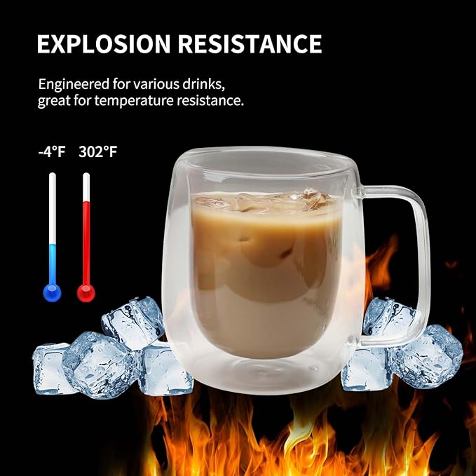 Double Wall Glass Coffee Mugs -8.2Oz Clear Insulated Glass Espresso Cups with Handle Mugs for Hot Beverages,set of 2 Perfect for Cappuccino Latte Americano Tea Bag (Small (2 PACK))