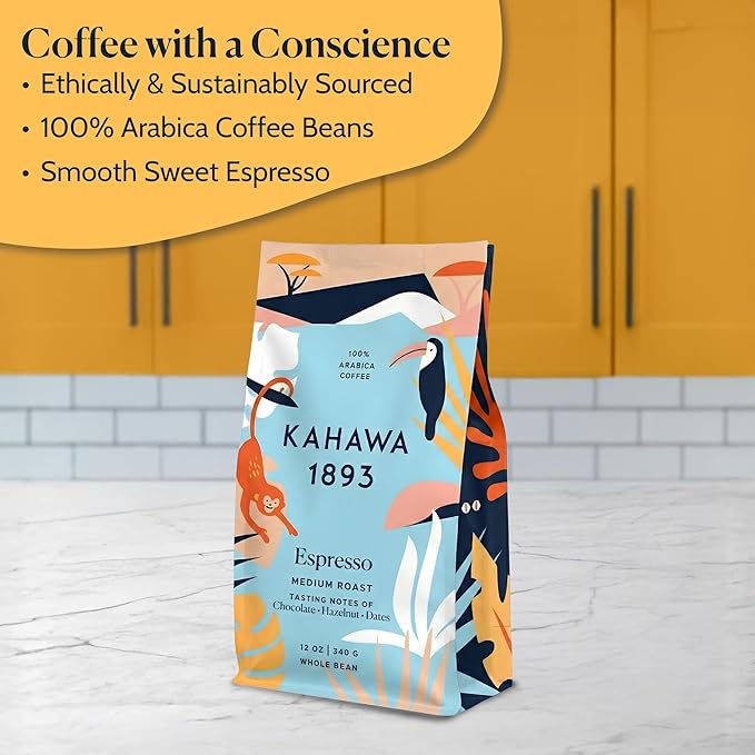 Kahawa 1893 Whole Bean Coffee Medium Roast 1893 Espresso Blend 12 Oz - As Seen on Shark Tank, Naturally Sweet, Organically Grown, Ethically & Sustainably Sourced