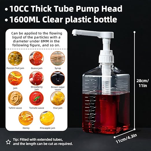 Large Capacity Syrup Dispenser for Coffee Bar, Pump Dispenser 54oz 1600ml PET Syrup Bottle w Measuring Cup and Funnel, Dispenser Bottle w Upgraded Pump (10cc Thicker PET)