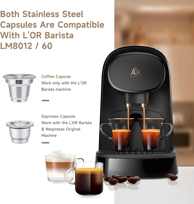 2 Pcs Reusable Stainless Steel Coffee Capsules Compatible with L'OR Barista LM8012 / 60, Refillable Coffee Pods Metal L'or Espresso Pods with Tamper(Big & Small)