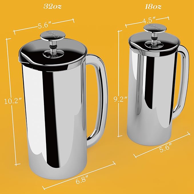 ESPRO P7 French Press Stainless Steel 304 – Patented Double Walled Micro-Filter Insulated French Press Coffee Maker, Grit-Free Brew - Heat Resistant Plastic Free Coffee Maker, Polished (32oz)
