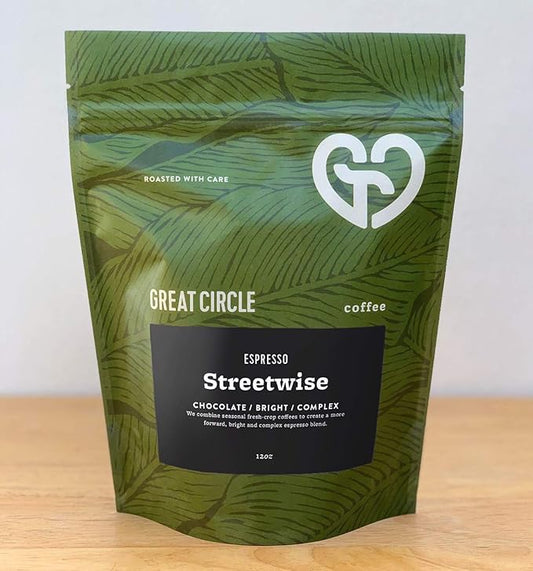 Great Circle Coffee - Fresh Whole Bean, Gourmet Beans, Specialty Medium Roast Streetwise Espresso Blend, Sustainable, Blend from Guatemala and Brazil, Bright Chocolate Notes, 12 oz Bag