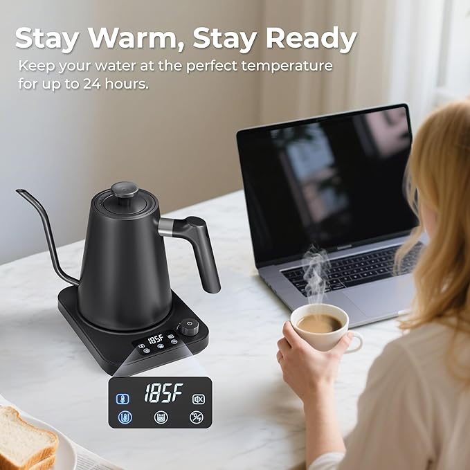 Gooseneck Electric Kettle, ±1°F Temperature Control, Smart Altitude Adaptation, 24H Keep Warm, 30-Min Auto Memory, Food Grade Stainless Steel, Pour Over Kettle for Coffee and Tea, 1200W/1.0L
