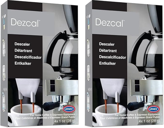 Urnex Dezcal Coffee and Espresso Descaler and Cleaner - 2 Pack - Activated Scale Remover Use with Home Coffee Brewers Espresso Machines Pod Machines Capsule Machines Kettles Garmet Steamers