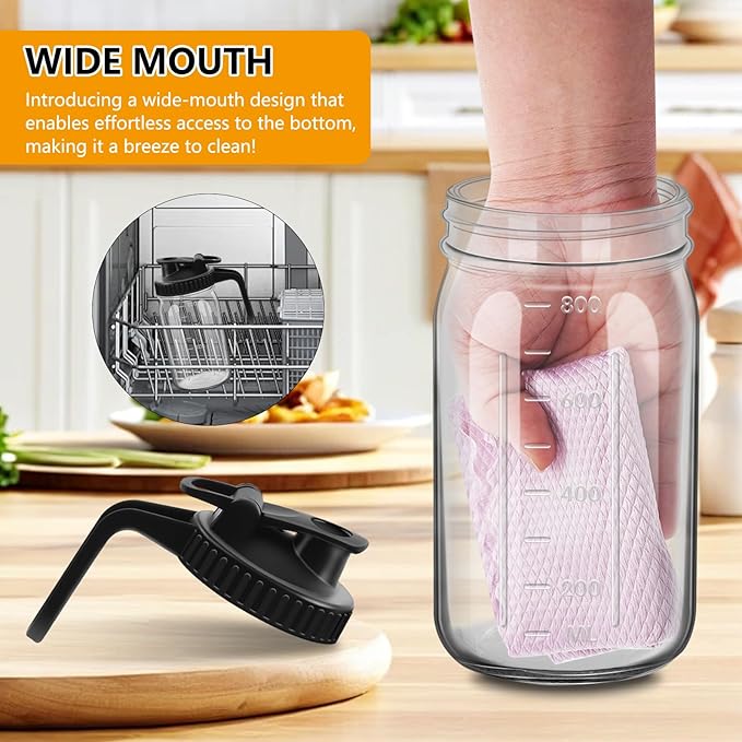 2Pcs Wide Mason Jar Pitcher,32oz Glass Pitcher with Lid Double Leak-proof with Handle Water Jug Wide Mouth Breast Milk Fridge Container for Water, Juice (32oz Black 2pc)