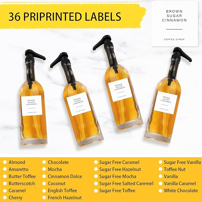 4 PCS 25 Oz Glass Coffee Syrup Dispenser 750 ML Glass Syrup Bottle With Pump And Labels Black Coffee Syrup Pump Dispenser for Coffee Bar Accessories, Home Bar