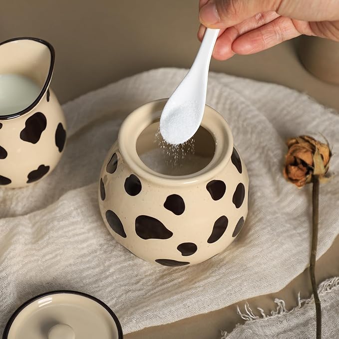 CHOOLD Retro Cow Pattern Creamer and Sugar Bowl Set, Cream Pitcher, Sugar Bowl with Lid, Coffee Serving Set