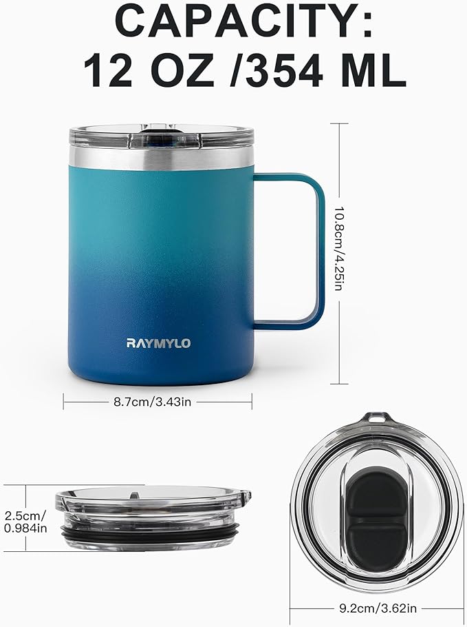 Insulated Coffee Mug 12 oz, Double Wall Stainless Steel Coffee Mug with Lids, Leak-Proof & Detachable Slider Lid for Thorough Clean, Keeps Coffee Cold for 9 Hrs, Suitable for Camp Home Office
