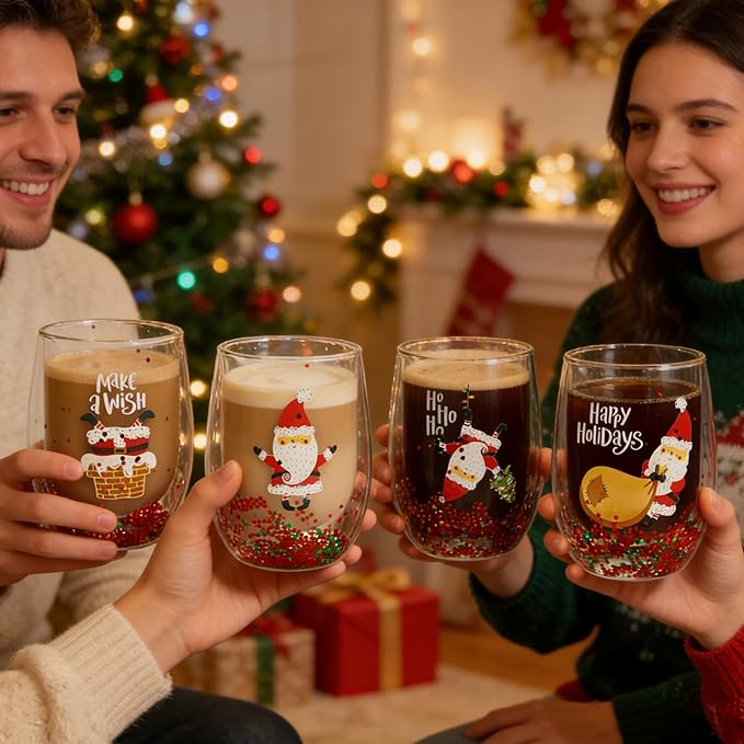 Christmas Mugs, 8 oz Double Wall Insulated Glass Coffee Mugs Set of 4, Cute Funny Mugs Coffee Cups for Cappuccino, Latte, Americano, Tea, Wine and Beverage
