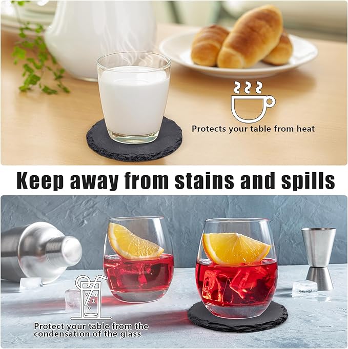 6 Pack Round Slate Drink Coasters, VIBRATITE 4 Inch Black Slate Stone Coasters Bulk Cup Coasters Laser Engraving Blanks with Anti-Scratch Bottom for Drink Coffee Bar Kitchen Home Decor