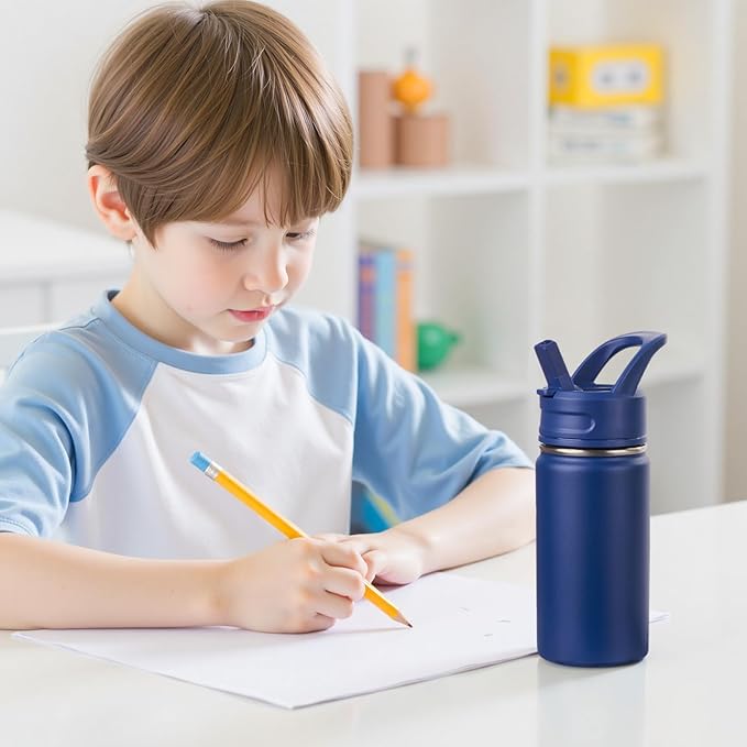 12oz Kids Water Bottle for School, Toddler Water Bottles with Straws, Insulated Water Bottles for Boys&Girls, Stainless Steel Vacuum Insulated Bottle for Kids, Leak-Proof, BPA-Free, Blue
