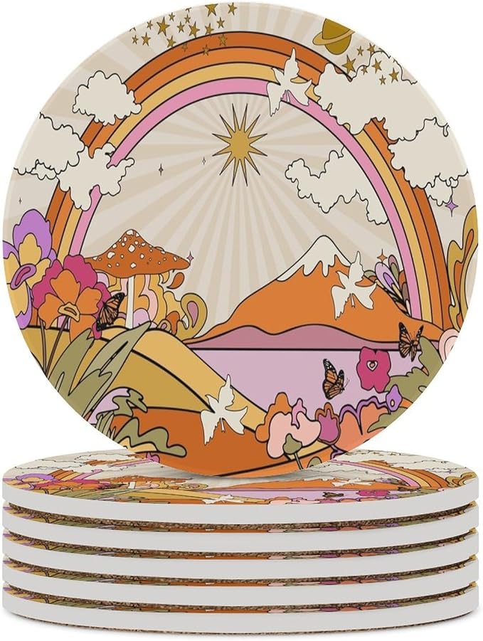 Round-6PCS Botanical Drink Coasters, Round Modern Ceramic Absorbent Coasters, Abstract Cartoon Colorful Mushroom Flower Butterfly Pattern Decor Desk Coffee Table Coaster for Beverage Cup Tea Coasters