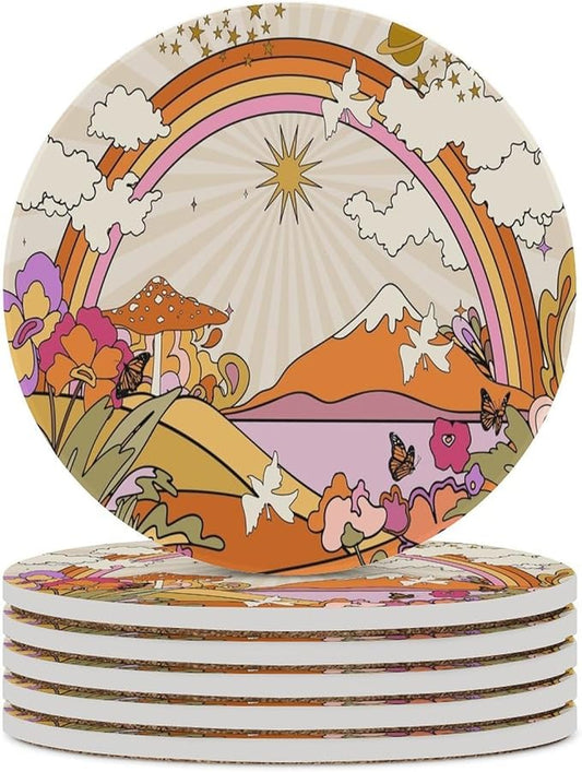 Round-6PCS Botanical Drink Coasters, Round Modern Ceramic Absorbent Coasters, Abstract Cartoon Colorful Mushroom Flower Butterfly Pattern Decor Desk Coffee Table Coaster for Beverage Cup Tea Coasters