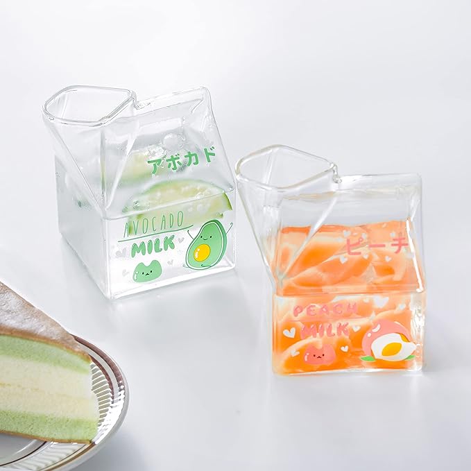 Kawaii Glass Milk Carton Cup Clear Cute Milk Cup Mini Creamer Pitcher Container Microwavable 12 Oz, 1Pcs(Avocado)
