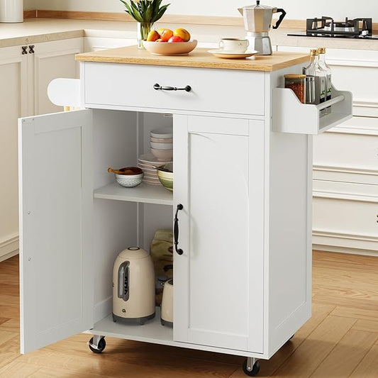 Kitchen Island Cart, Small Kitchen Island with Storage Cabinet and Drawer, Rolling Kitchen Cart on Wheels with Spice Rack and Towel Rack, for Kitchen, Dining Room, White and Natural