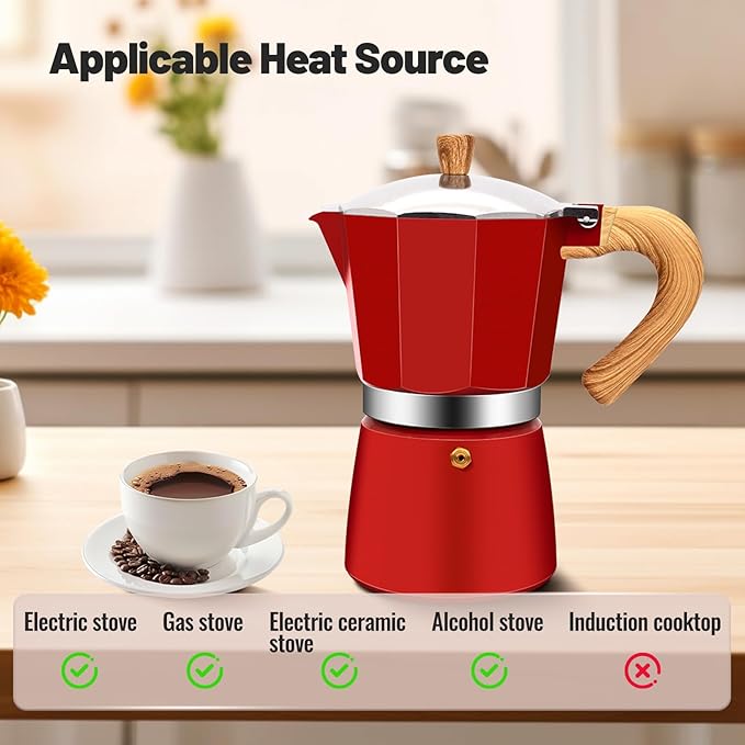 Vaolvpant 9 Cup Aluminum Moka Pot Classic Stovetop Espresso Coffee Maker 450ml 15oz Coffeemaker Percolator Mocha Pot Greca Coffee Maker Cafe Makers for Italian and Cuban Café Brewing Red