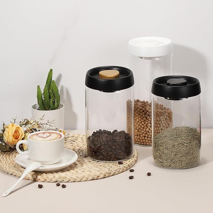 uxcell Coffee Vacuum Container, 1800ml/60oz Glass Coffee Bean Storage Container with Lids for Spices Biscuits Loose Leaf Tea, White