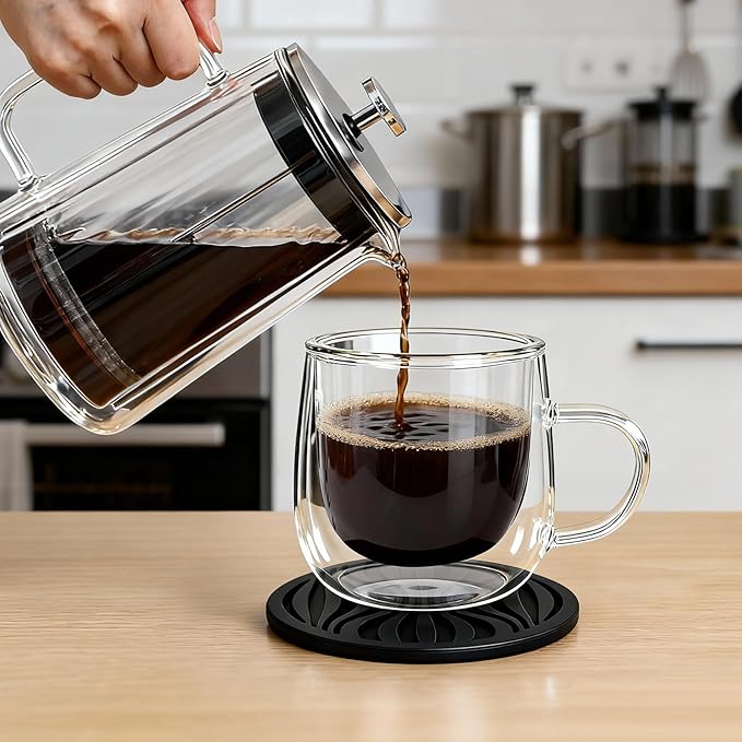 Glass Coffee Mugs Set Of 4, 10oz Double Walled Insulated Glass Mugs with Handle and Coaster, Heat Resistant Borosilicate Clear Glass Cups for Espresso Latte Cappuccino, Tea Bag, Beverage