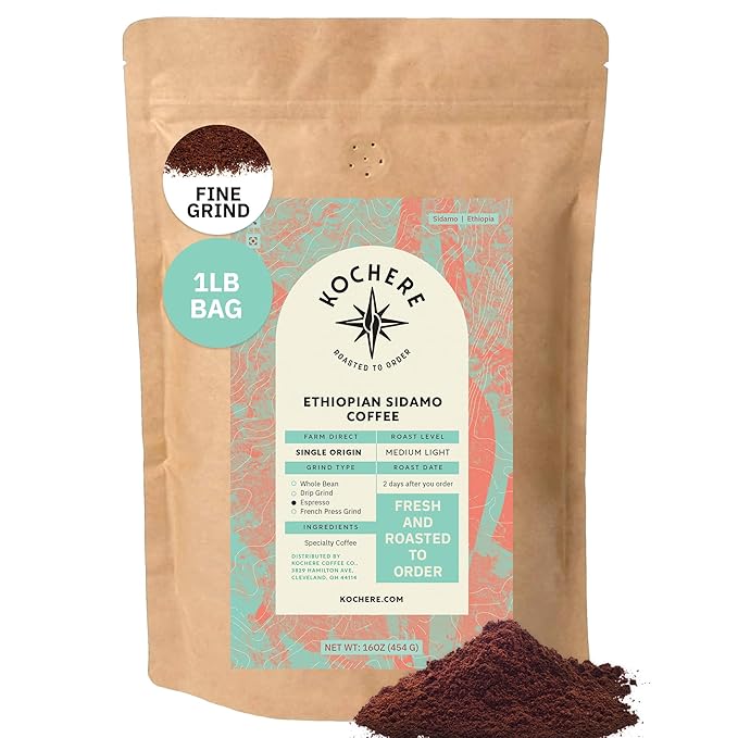Kochere Ethiopian Sidama Coffee – 1LB Fine Grind – Freshly Roasted to Order – Single Origin, Farm Direct, Rich Flavored Coffee – Chocolate, Fruity & Caramel Notes