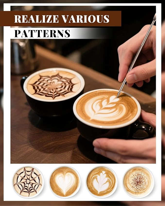 Milk Frothing Pitcher, 900ml/32oz Stainless Steel Milk Frother Cup Steaming Pitcher Espresso Machine Accessories with Decorating Art Pen, Powder Shaker, 16 PCS Coffee Decorating Stencils