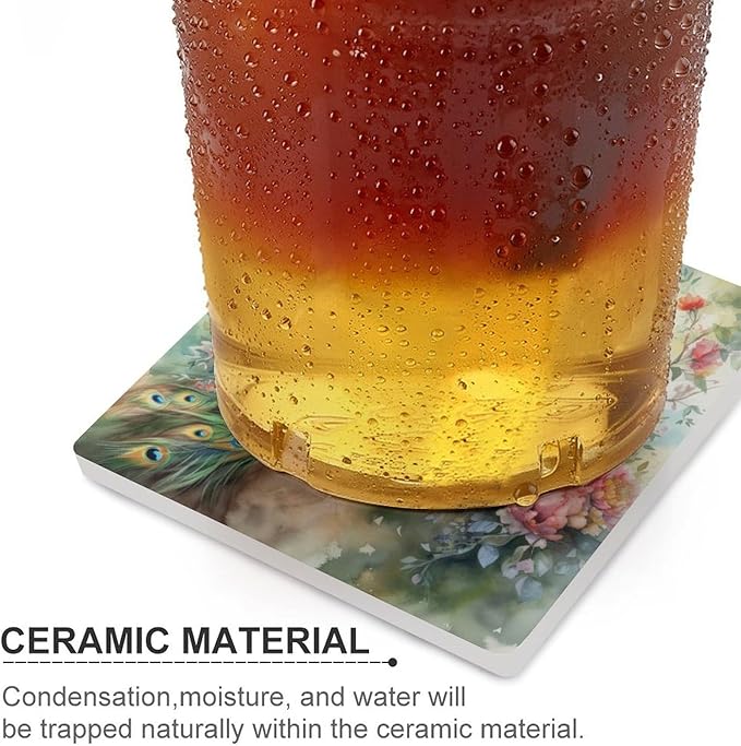 Peacock Drink Coasters, Square Ceramic Drink Coaster Square-6PCS, Vintage Watercolor Style Floral Beautiful Peacock Decor Absorbent Ceramic Coasters for Beverage Cup, Bar, Coffee Table
