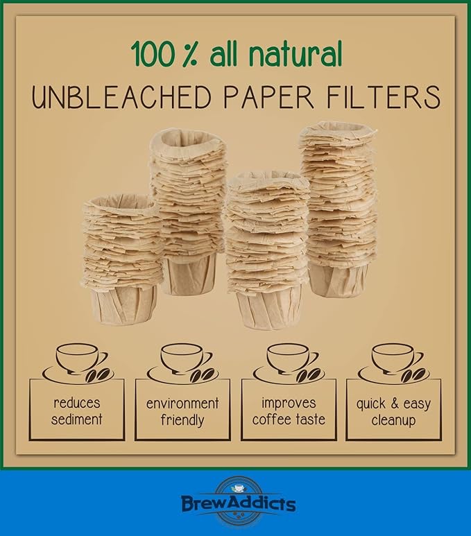 Brew Addicts 300 Paper Coffee Single-Use Filters, Brown, All-Natural & Unbleached for Keurig Brewers and Compatible with K-Cup Pods 1.0 & 2.0 Models, Disposable filters