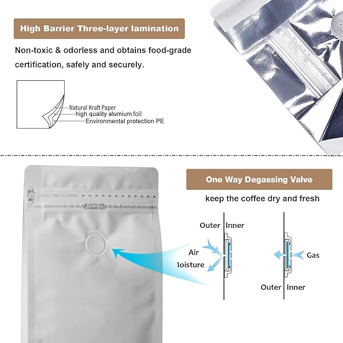 100 Count 32 Ounces /1 KG White Kraft Paper Coffee Bags - High Barrier Aluminium Foil Liner - Flat Bottom Coffee Pouches with Degassing Valve, Food Storage Bags with Rsealable Zipper & Easy Open Tape (100pcs, 32oz/1kg)