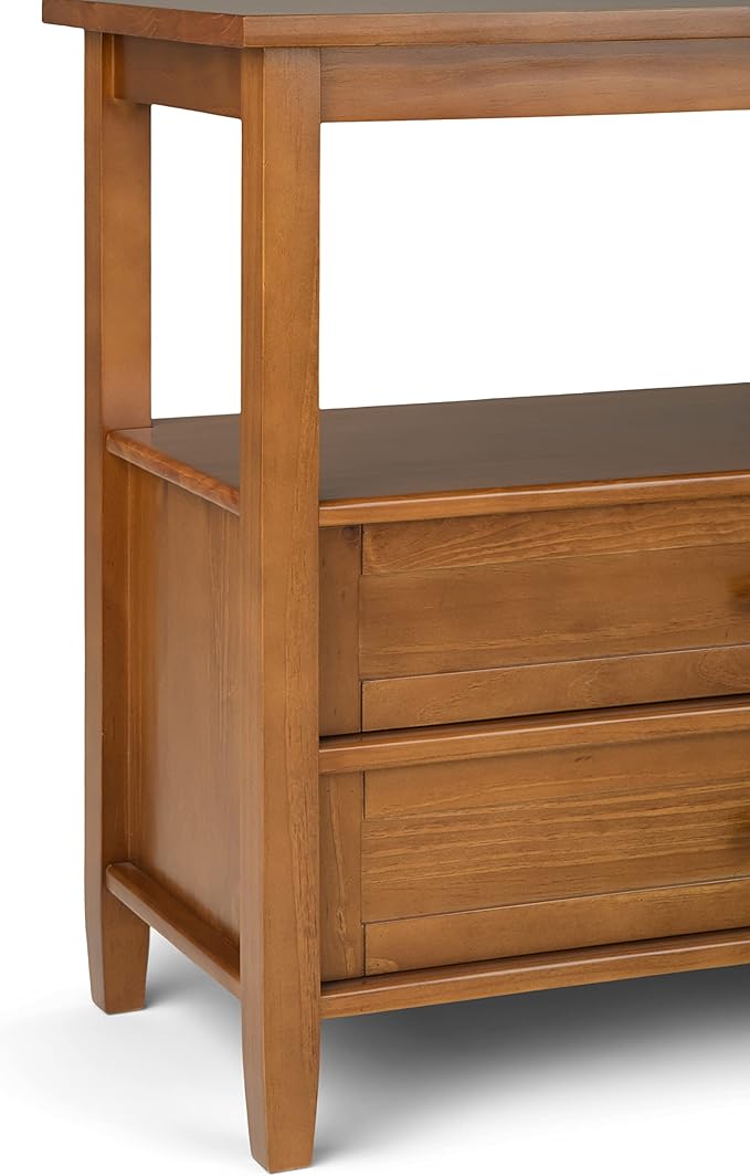 SIMPLIHOME Warm Shaker Wide Console Table - 60 Inch Wide Solid Wood Sofa Table in Light Golden Brown, Transitional Storage Table for Living Room with 4 Drawers, Open Shelf, and Brushed Nickel Knobs