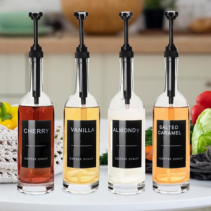 MSTCMZP 25.4 oz 750 ml Glass Coffee Syrup Dispenser for Coffee Bar With Pump & Lables Glass Syrup Bottle Included -4 Pack
