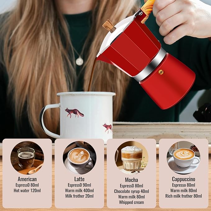 Vaolvpant 9 Cup Aluminum Moka Pot Classic Stovetop Espresso Coffee Maker 450ml 15oz Coffeemaker Percolator Mocha Pot Greca Coffee Maker Cafe Makers for Italian and Cuban Café Brewing Red