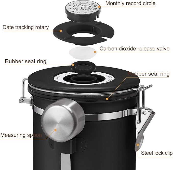 1.2L Airtight Vacuum Coffee Canister, Stainless Steel Storage Container for Coffee Beans and Grounds with Scoop.Suitable for coffee powder, coffee beans, rice, tea leaves, sugar, flour, and grains