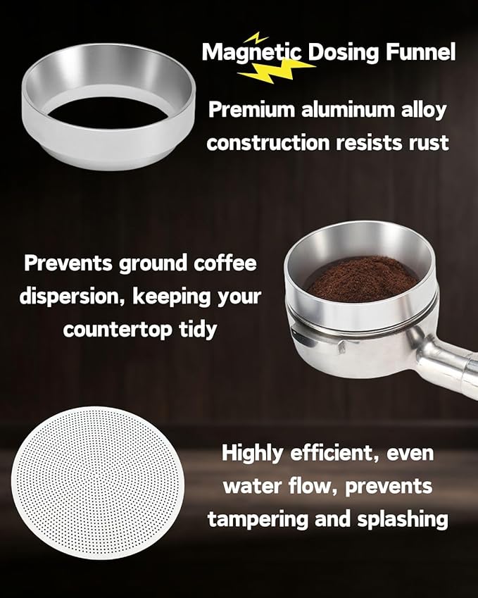 Espresso Tamper 51/53/58mm Magnetic WDT Tool 2 in 1 Accessories, Barista Coffee Tamper Kit with Distribution Tool Dosing Funnel Puck Screen, Stainless Steel Flat Base (58mm)