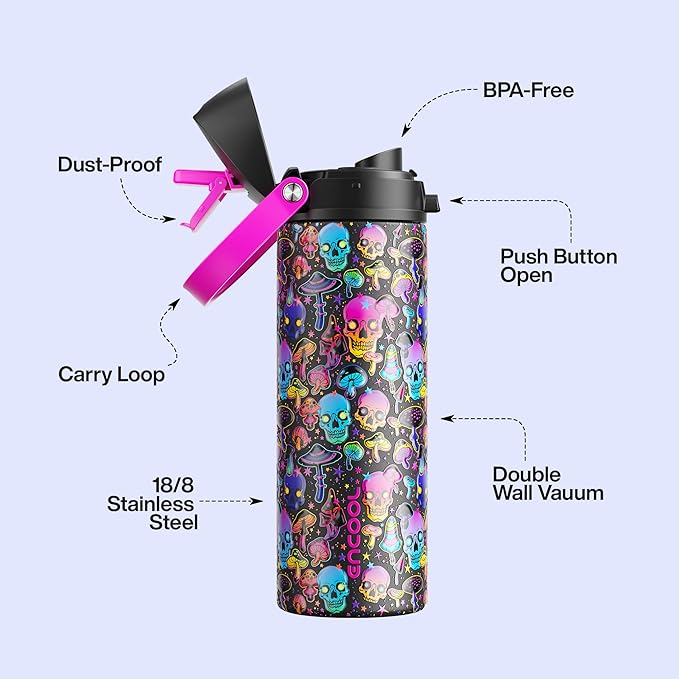 Insulated Water Bottle with Straw - Encool Stainless Steel Water Bottle with Push Button Lid, Leak-Proof & BPA-Free, Keeps Cold for 24 Hours for Sports, Travel, Gym (24 oz, Trippy Skulls)