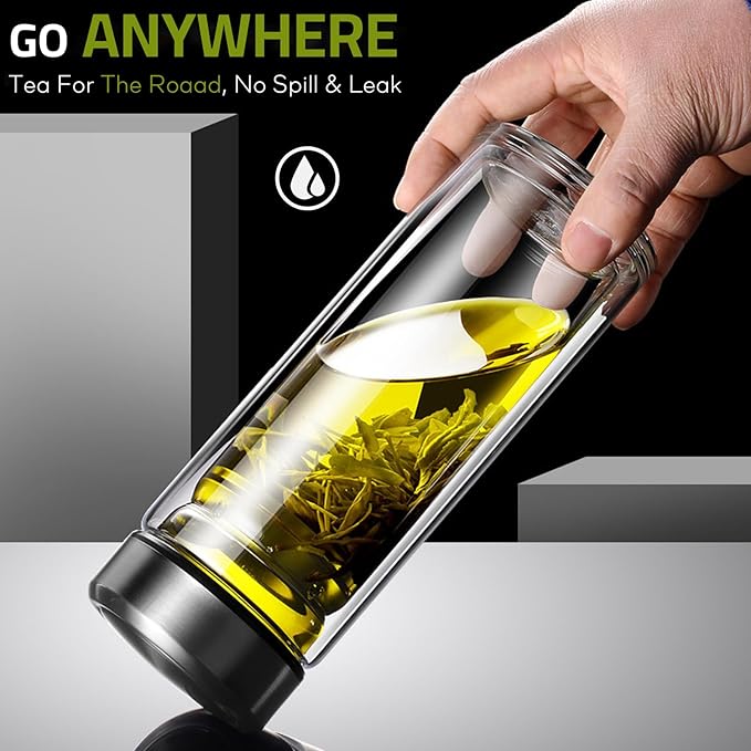 Tea Tumbler with Infuser, 12oz Double Wall Borosilicate Glass Tea Bottle, 350ml Leak-Proof with Stainless Steel Filter