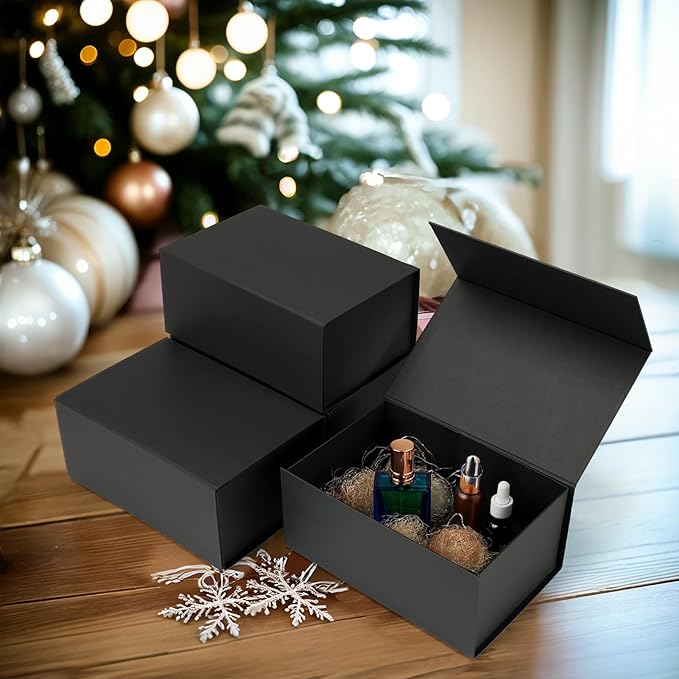 Ditwis 4 Pack 9x6x4 Inches Gift Boxes with Magnetic Closure Lids, Black Magnetic Box for Wedding, Groomsmen Bridesmaid Proposal, Birthdays, Mother's Day