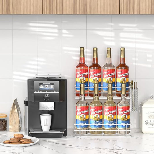 OVICAR Coffee Syrup Organizer Rack - 8 Bottle Holder Stand for Coffee Bar & Station Accessories, 2 Tiers Countertop Storage for Syrup & Wine Dressing, White