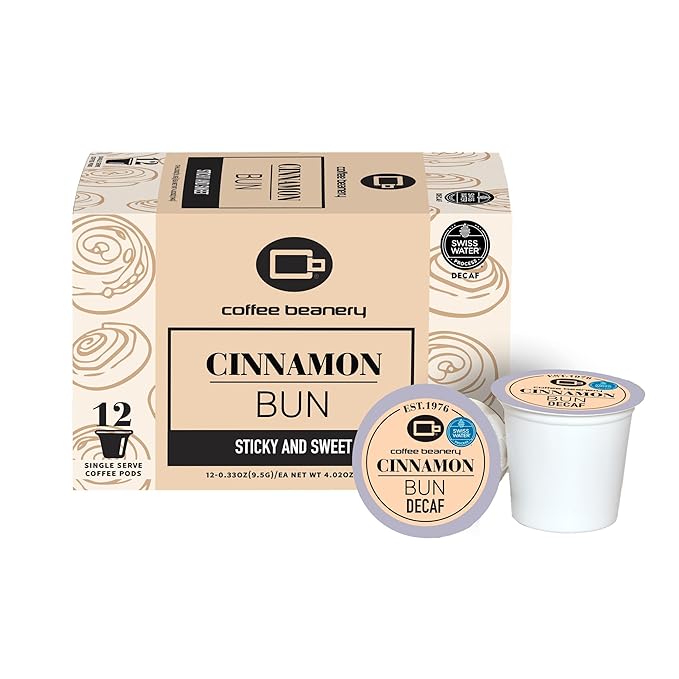 Coffee Beanery Cinnamon Bun Decaf Pods | 12ct Flavored Medium Roast | 100% Specialty Arabica | Gourmet