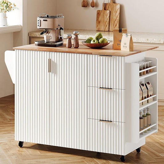 VINGLI Fluted Kitchen Island Cart on Wheels with Storage, Folding Rolling Kitchen Island with Drawers, Small Portable Island Table with Extendable Rubber Wood Top, White