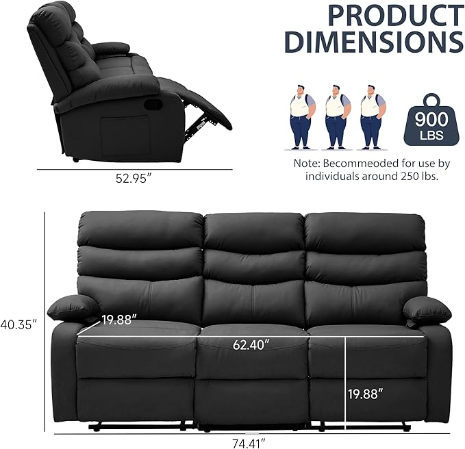 Reclining Couch Sofa Set Leather Recliner Couch Sofa and Loveseat Sets for Living Room, RV, Theater Seating(3 Seat Sofa+Loveseat,Black)