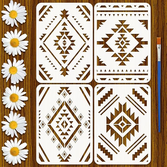 FINGERINSPIRE 4 Pcs Aztec Patterns Painting Stencil with Paintbrush 11.7x8.3inch Reusable Canvas Aztec Stencil for Crafts Geometric Boho Borders Pattern Stencils for Painting on Fabric, Wood, Walls