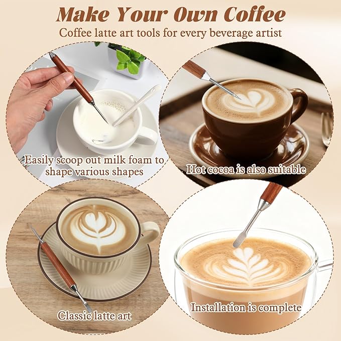 2 Pack Latte Art Stainless Steel Pen Latte Art Tools Barista Tools Wooden Handle with Double Ended Accessories for Home Office Coffee Bar Travel