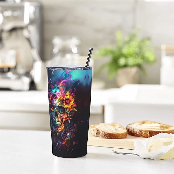 Skull Tumbler with Lid and Straw 20oz Coffee Tumblers Leakproof Stainless Steel Travel Mug Vacuum Insulated Cup for Iced and Hot