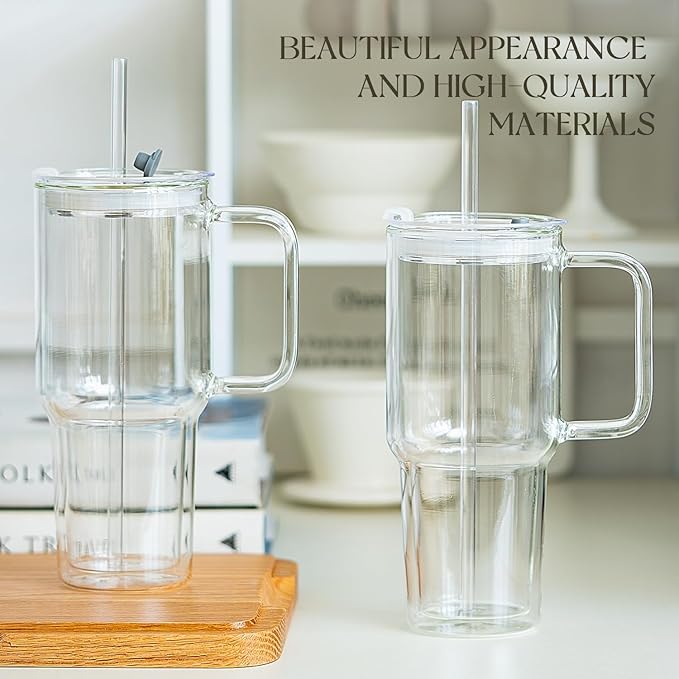 KEMORELA 28 oz Double Wall Glass Tumblers with Handle, Set of 4 | Insulated Glass Cups for Iced Coffee, Smoothie & Cold Brew | Also Perfect for Hot Coffee & Tea | Large Capacity, Thick Glass